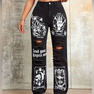 High-Waist Black Graphic Distressed Women’s Jeans